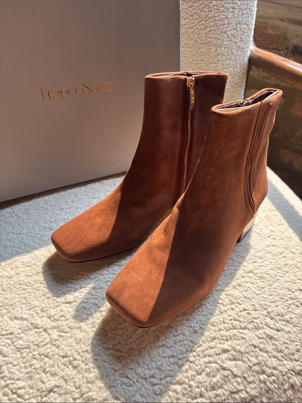 Franco Sarto Cognac Brown Suede Square-Toe Ankle Boots, NWT